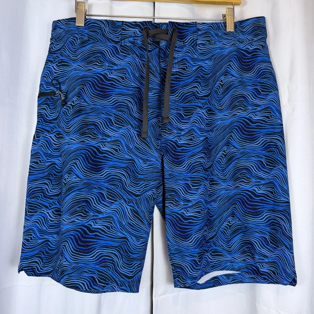 Prana Mens Blue Black Wave Print Board Shorts Swim Trunks 1969521 Size 34